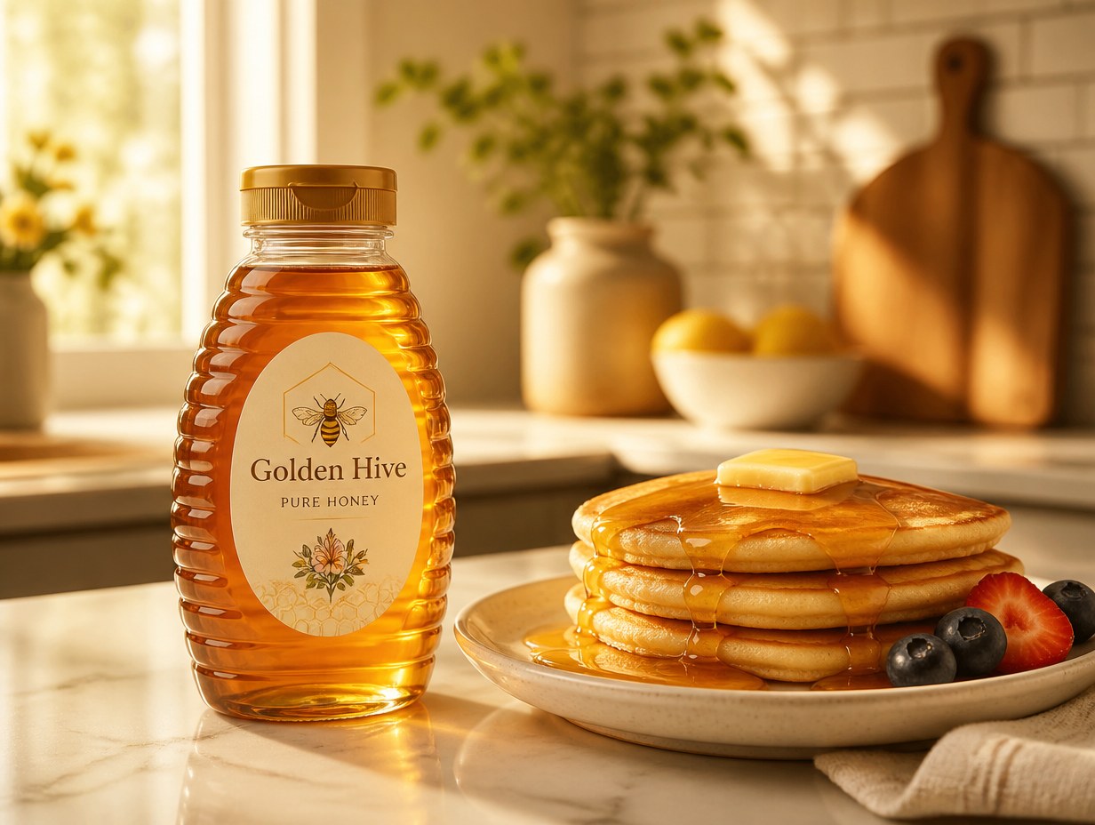 AI-generated honey bottle mockup sample