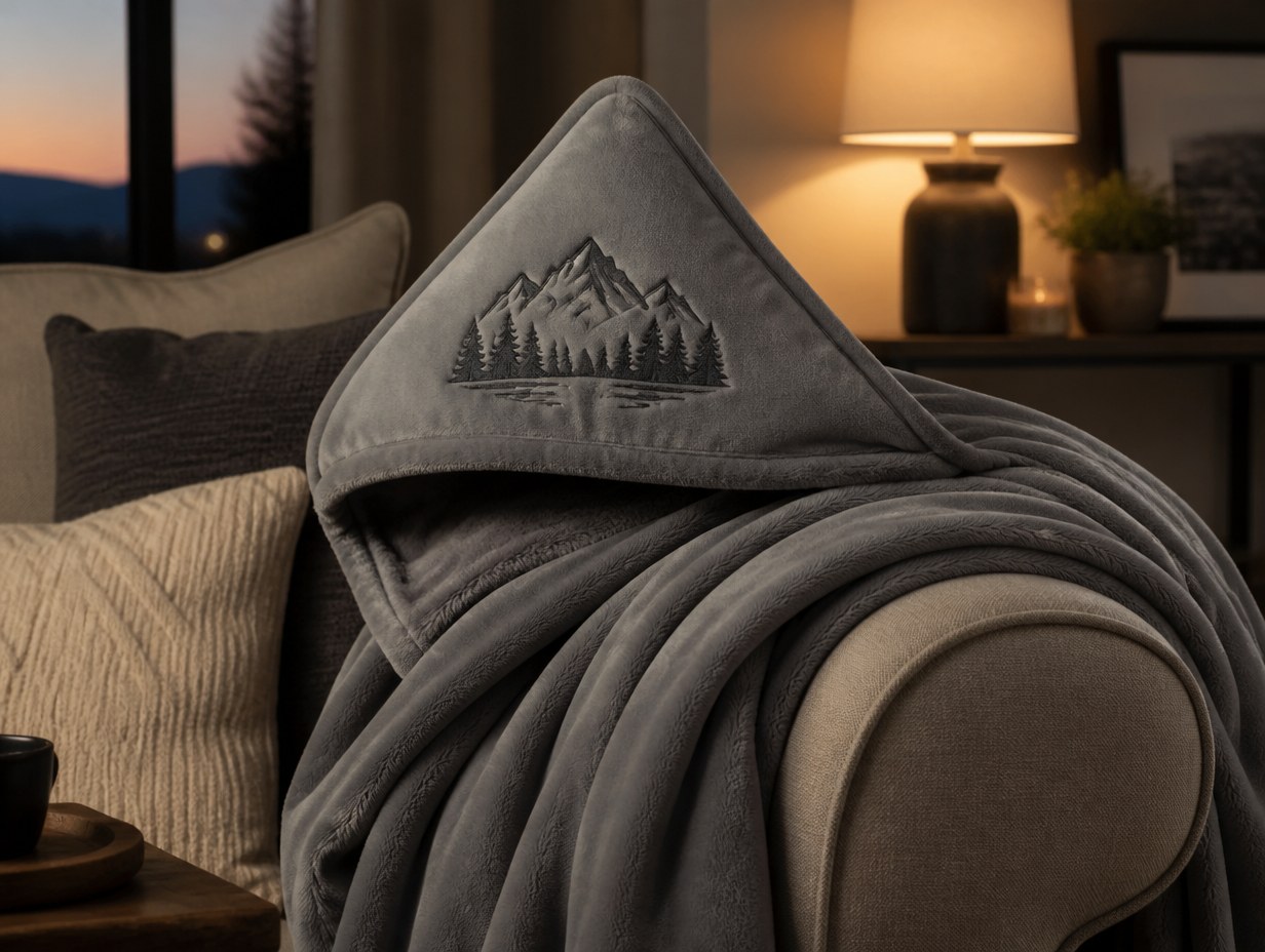 AI-generated hooded blanket mockup sample