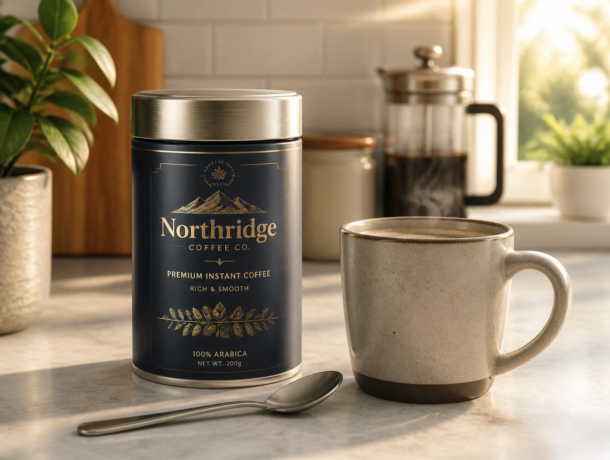 AI-generated instant coffee tin mockup sample