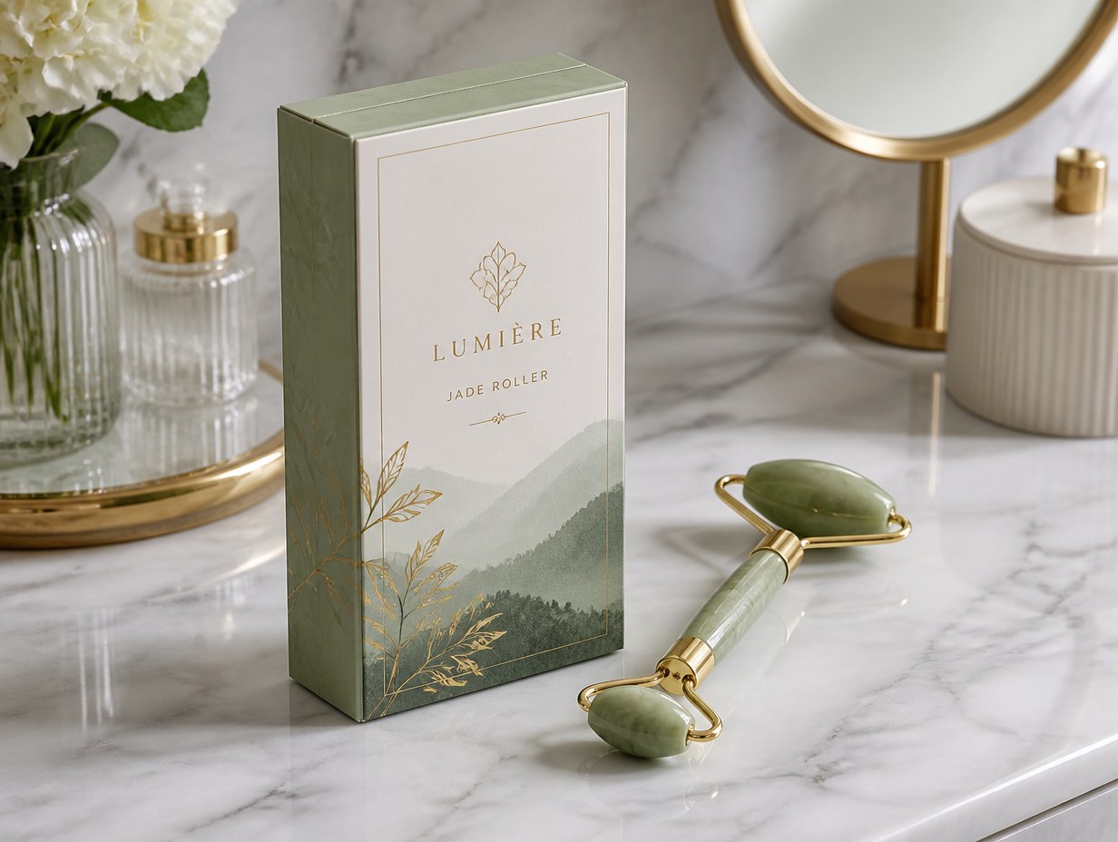 AI-generated jade roller box mockup sample