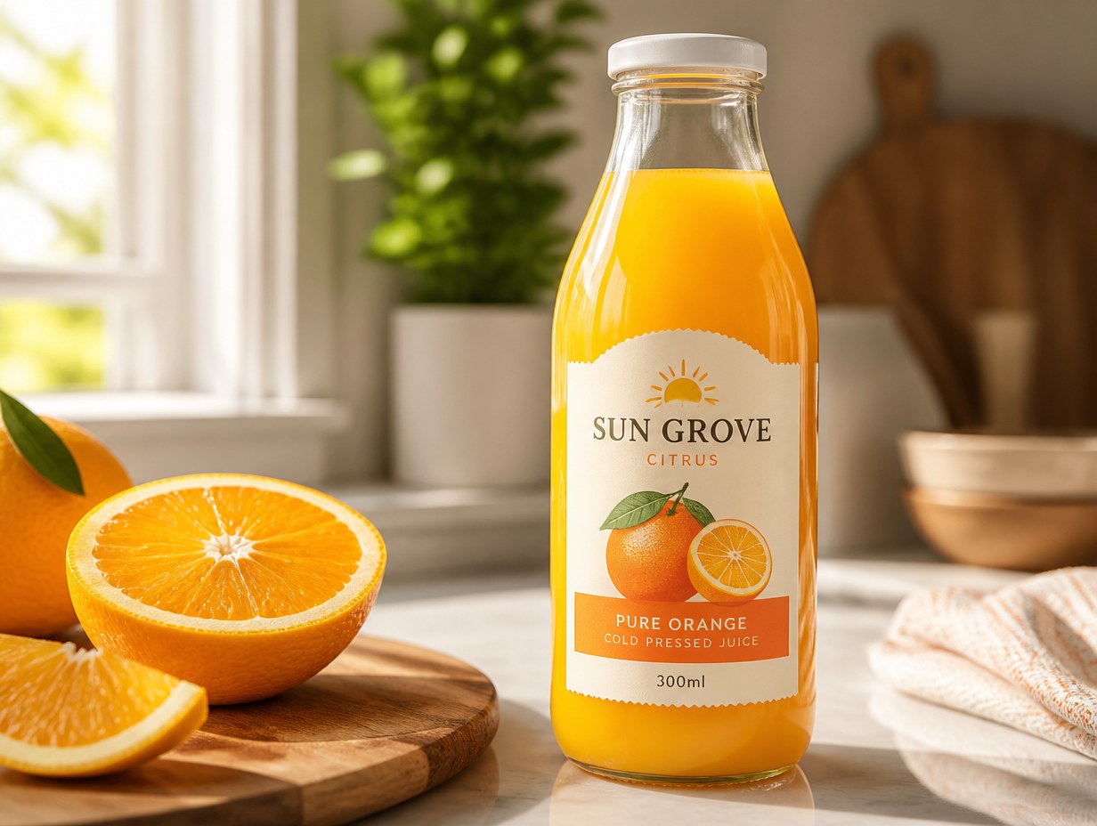 AI-generated juice bottle label mockup sample