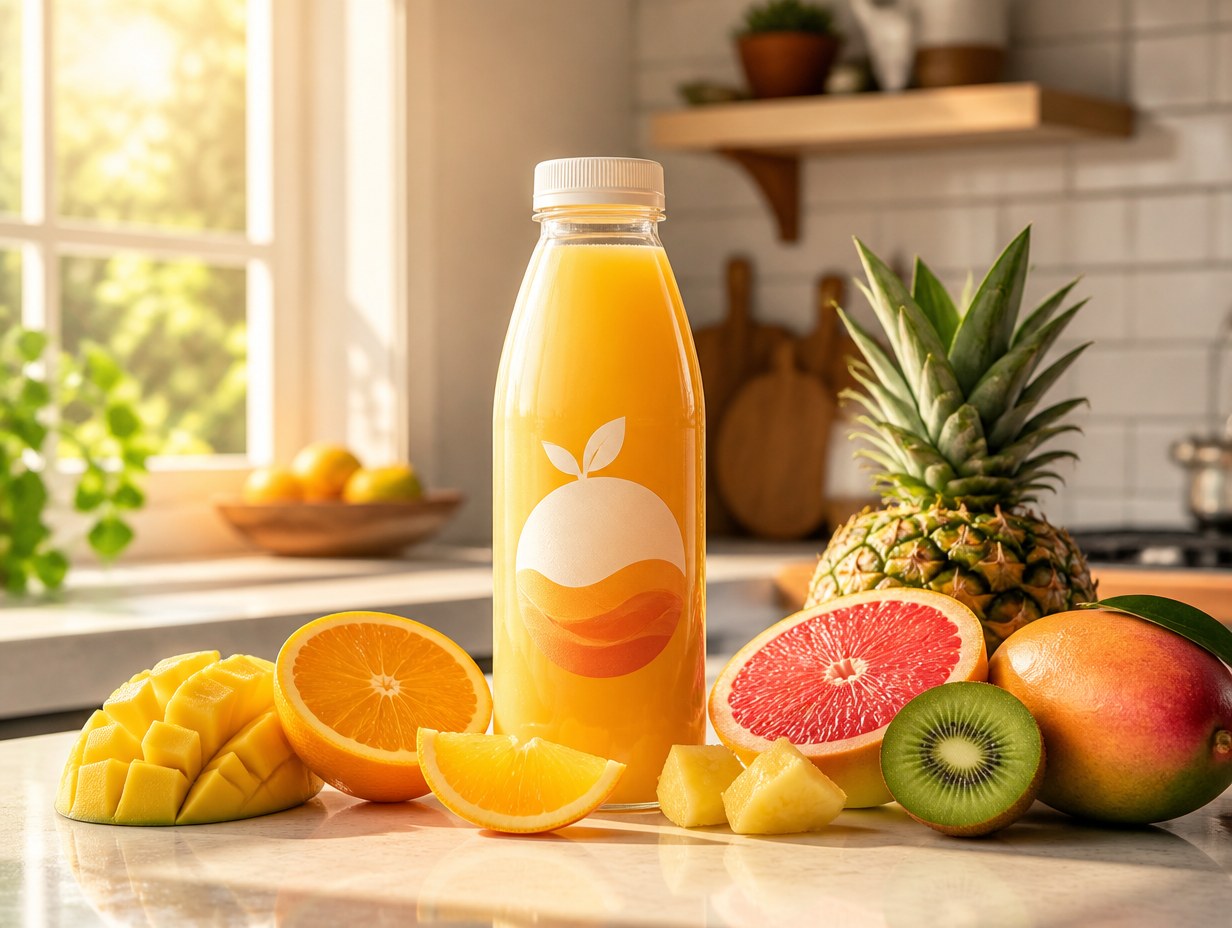 AI-generated juice bottle mockup sample
