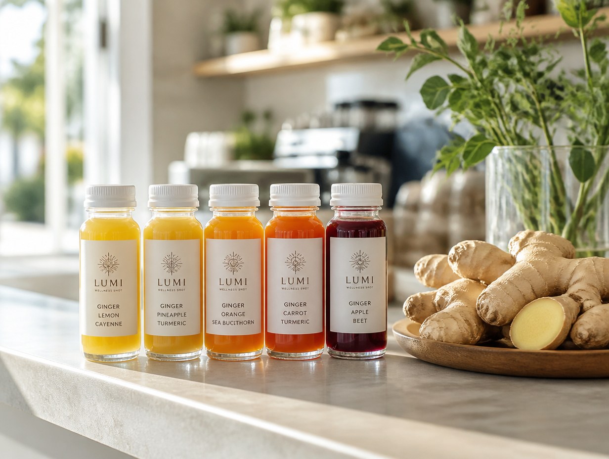 AI-generated juice shot bottle mockup sample