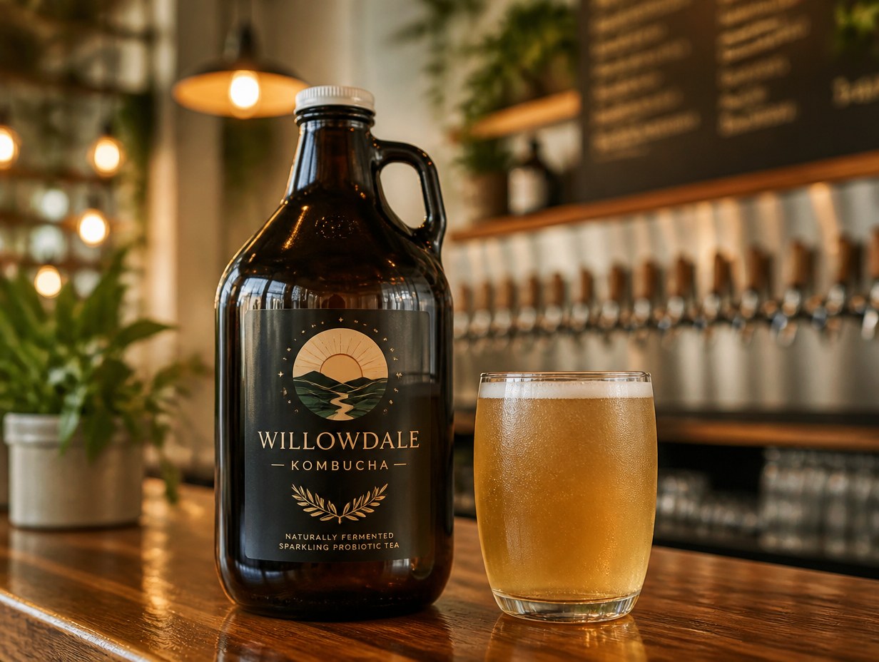 AI-generated kombucha growler mockup sample