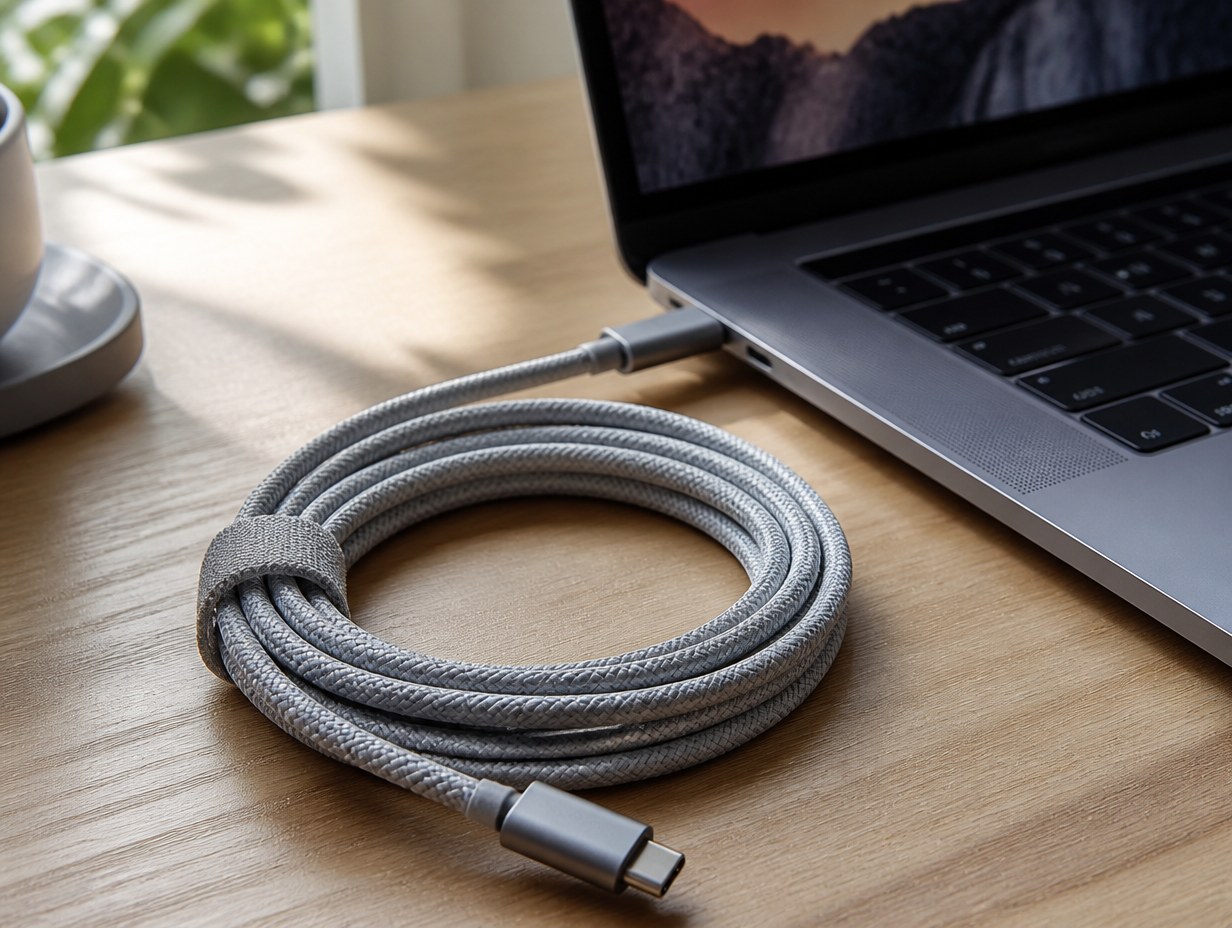 AI-generated laptop charging cable mockup sample
