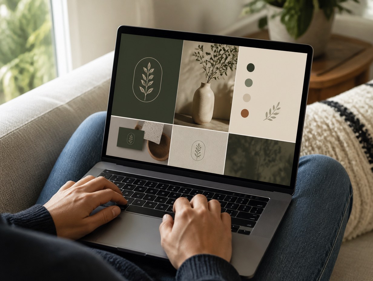 AI-generated laptop on lap mockup sample