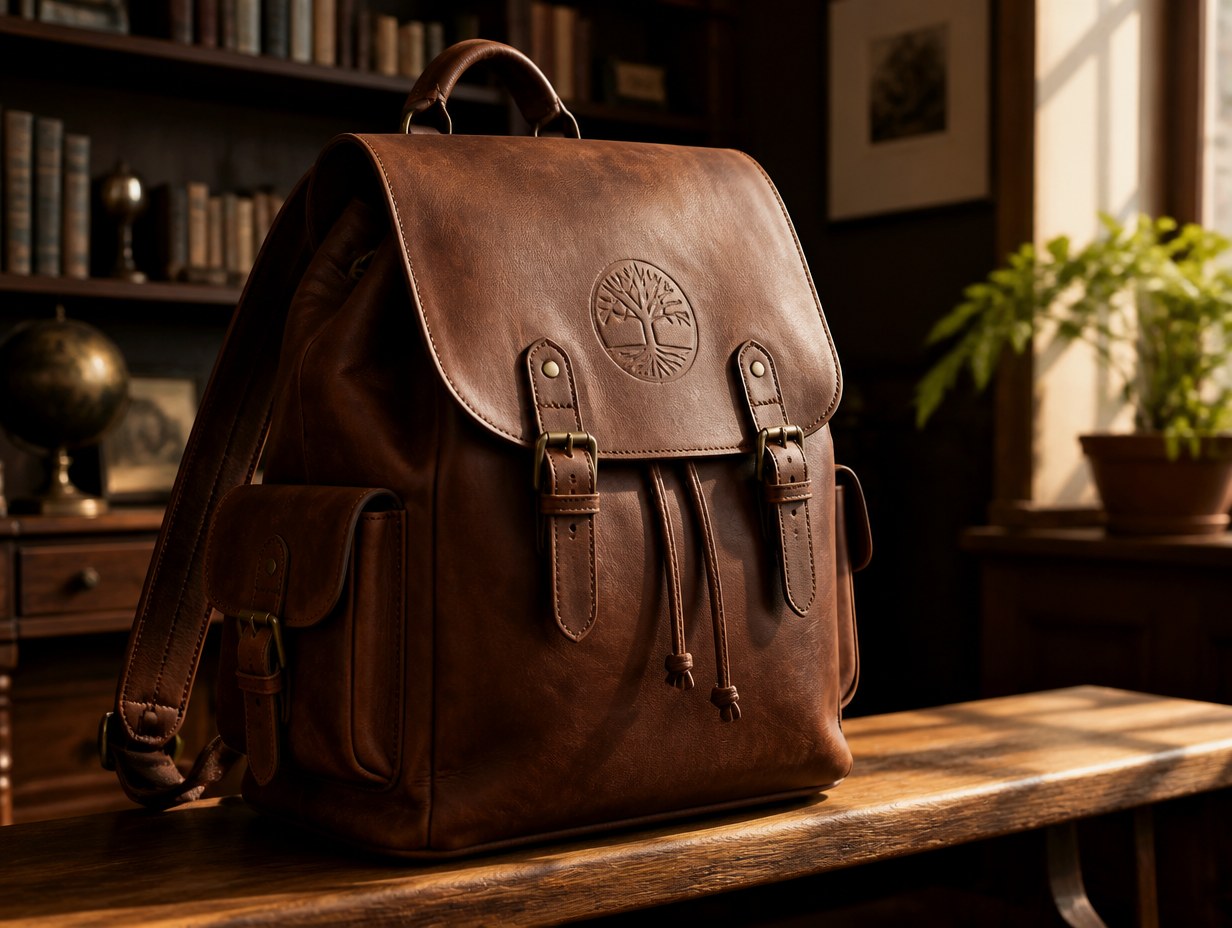 AI-generated leather backpack mockup sample