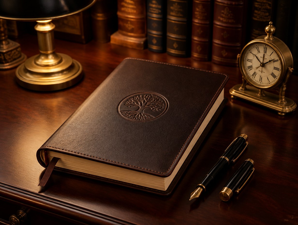 AI-generated leather-bound notebook mockup sample