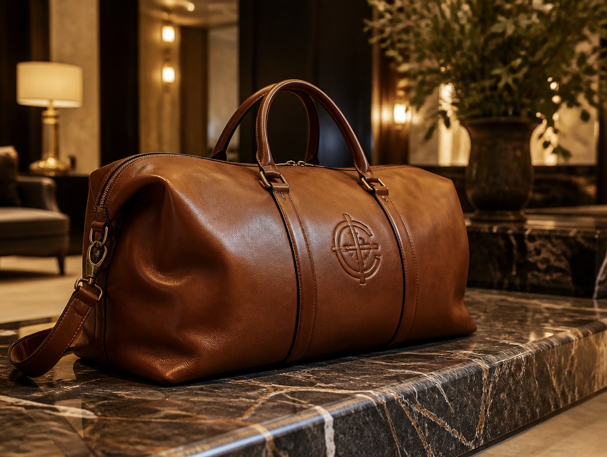 AI-generated leather duffel bag mockup sample