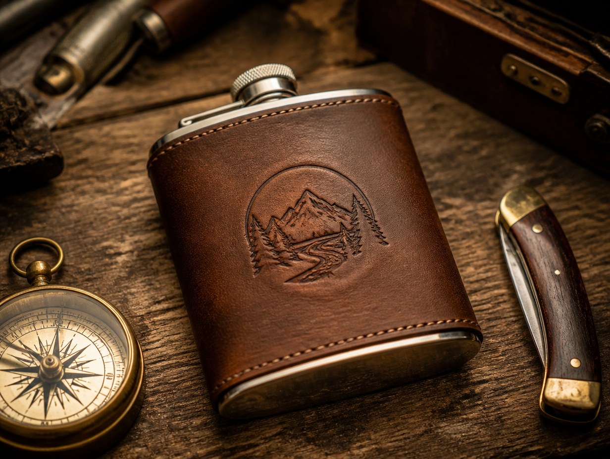AI-generated leather-wrapped flask mockup sample