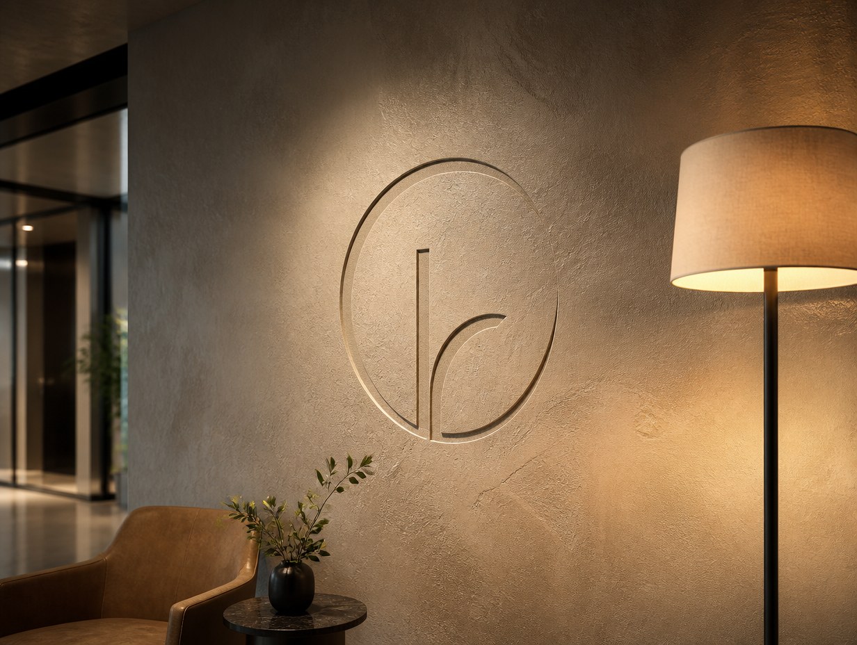 AI-generated logo on plaster mockup sample