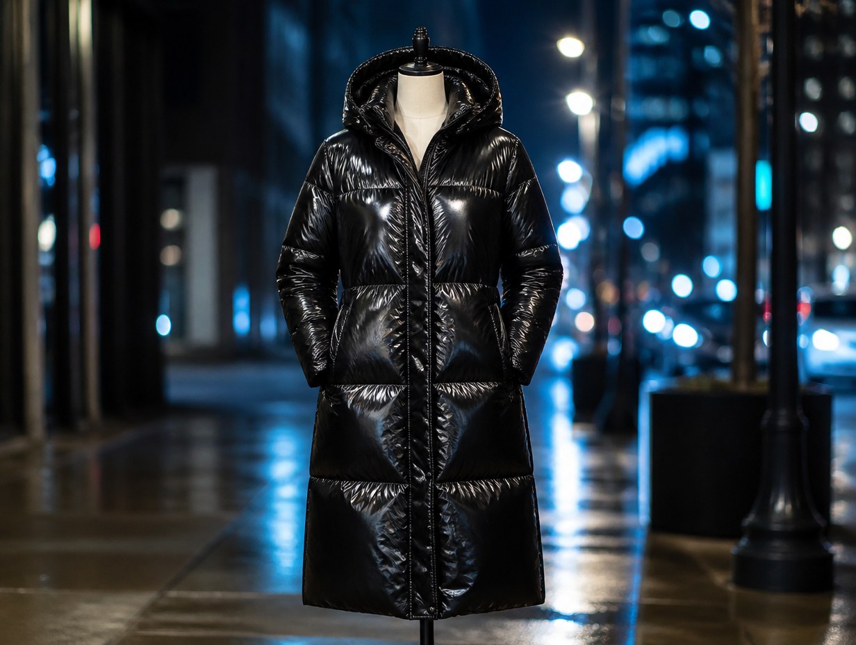 AI-generated long puffer coat mockup sample