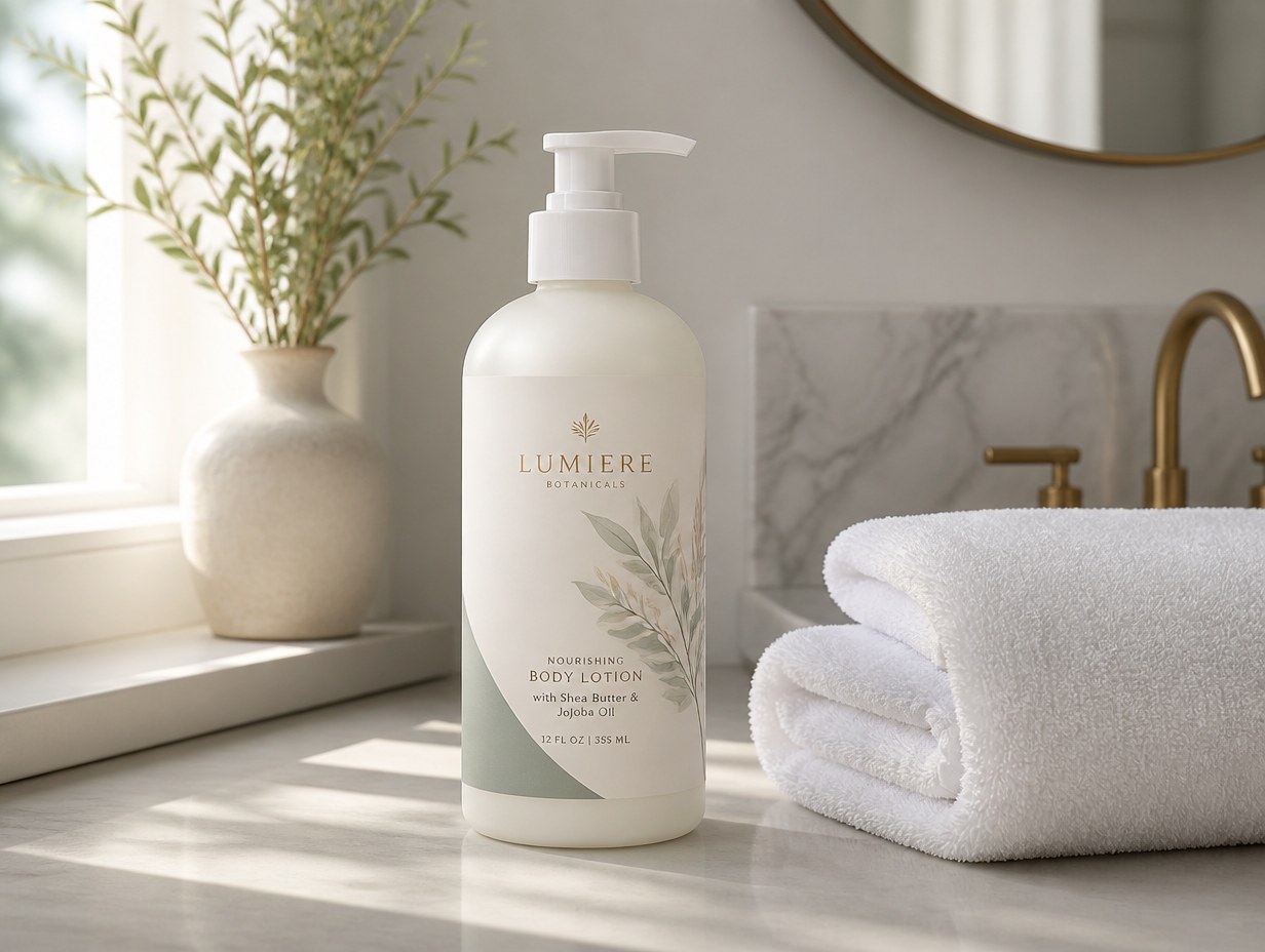AI-generated lotion bottle label mockup sample