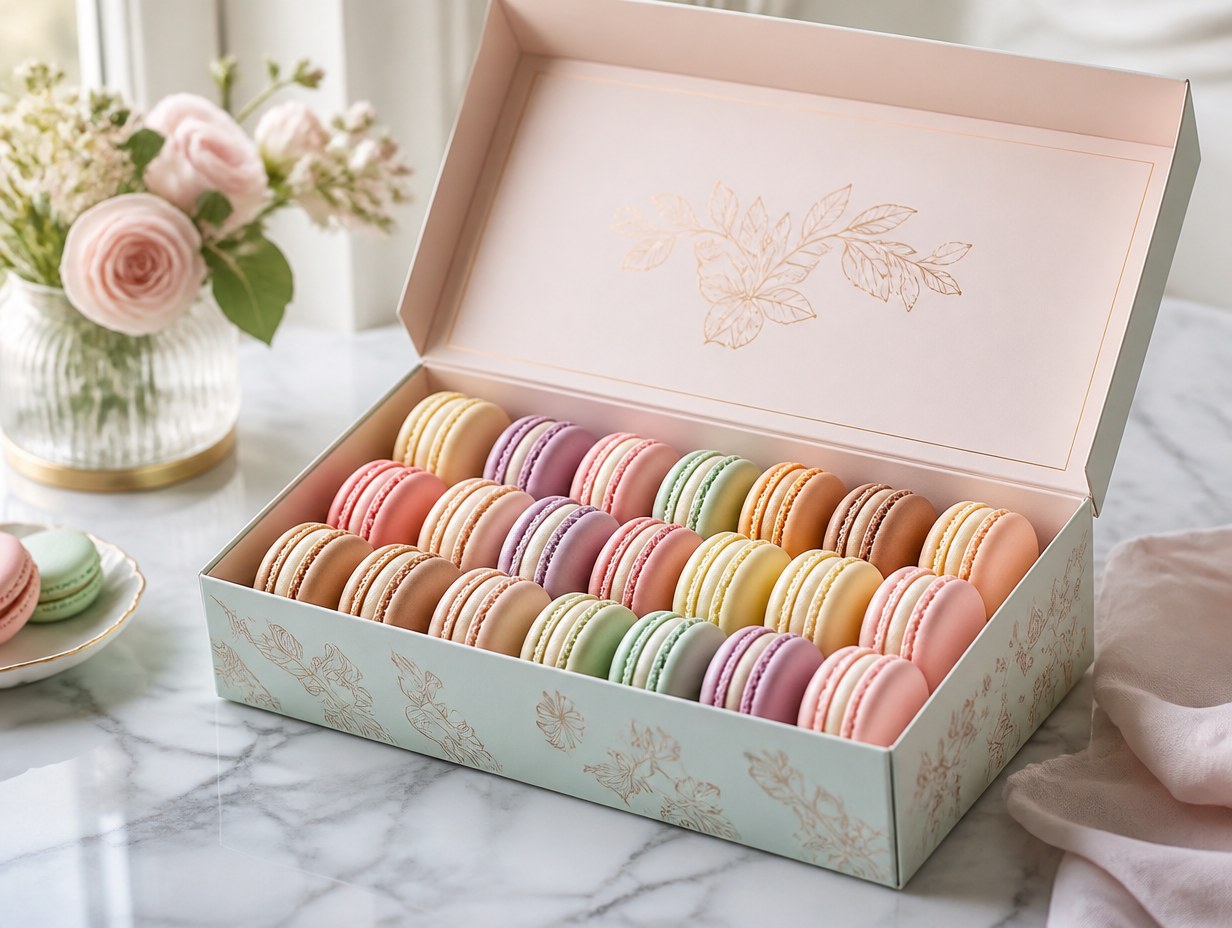 AI-generated macaron box mockup sample
