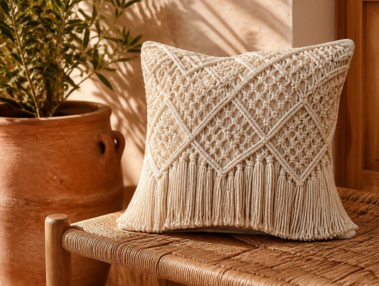 AI-generated macrame pillow cover mockup sample