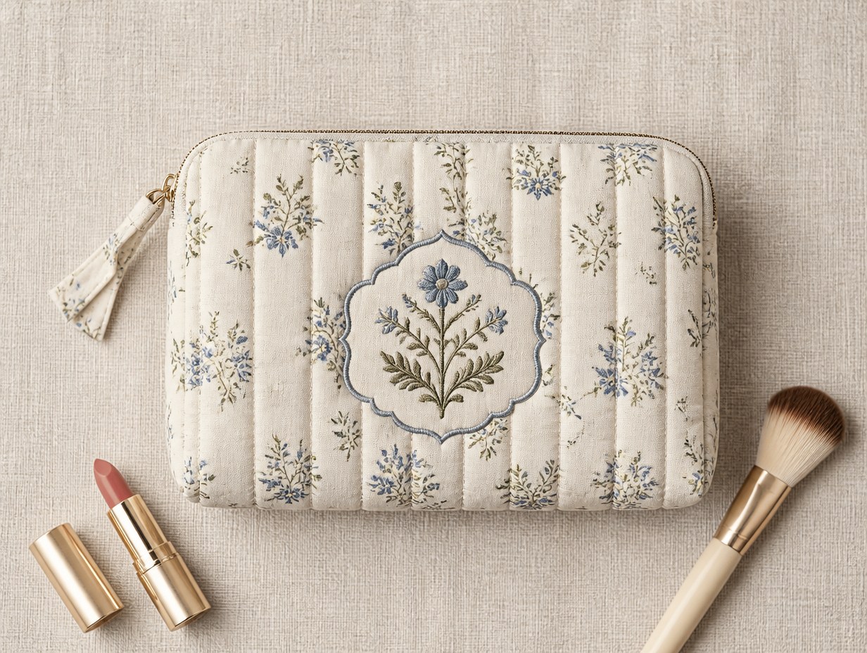 AI-generated makeup bag flat lay mockup sample
