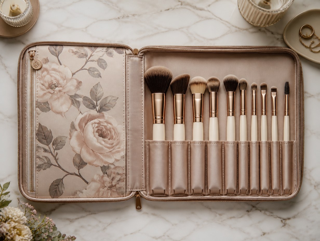 AI-generated makeup brush set case mockup sample