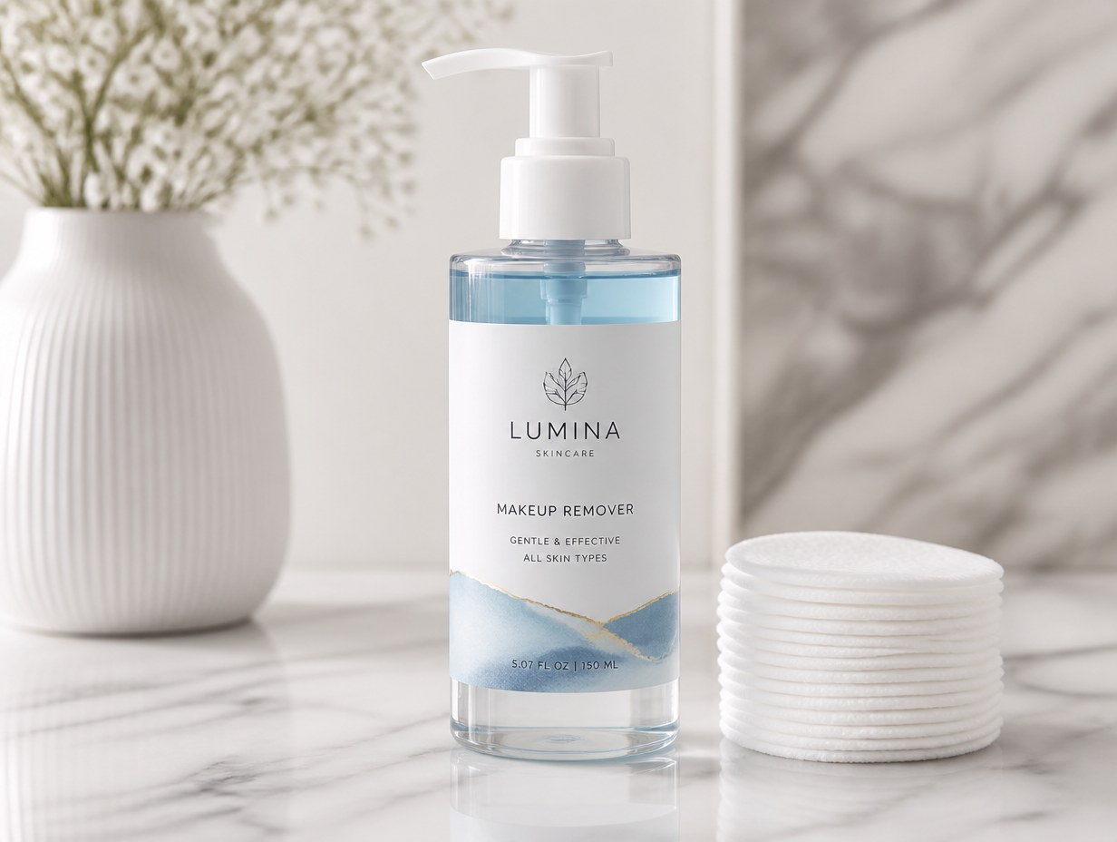 AI-generated makeup remover bottle mockup sample