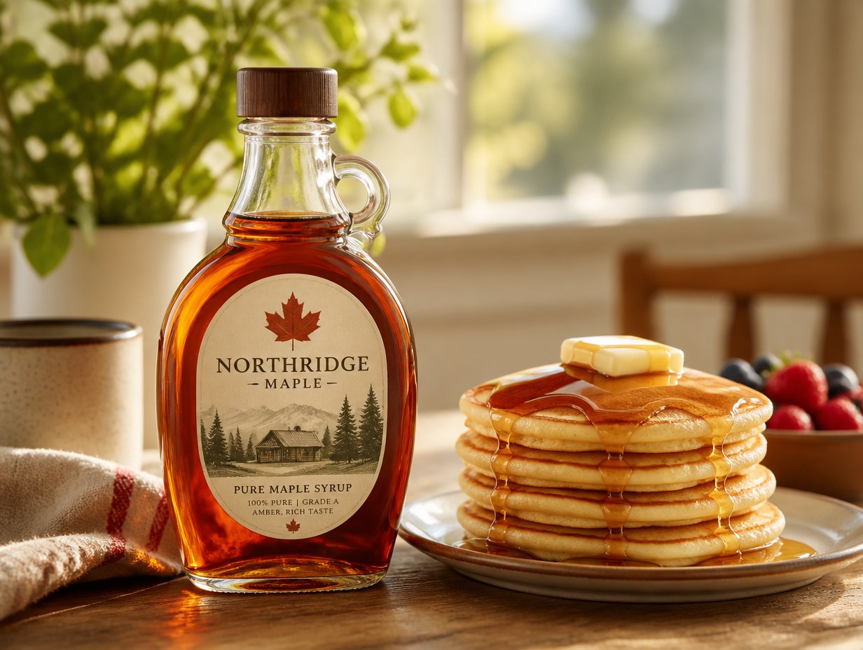 AI-generated maple syrup bottle mockup sample