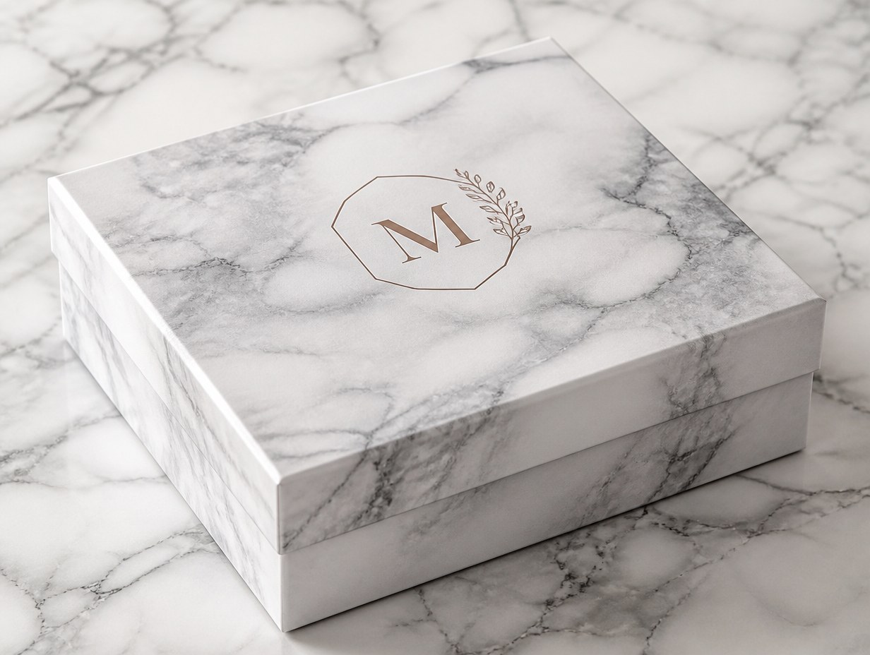 AI-generated marble pattern box mockup sample
