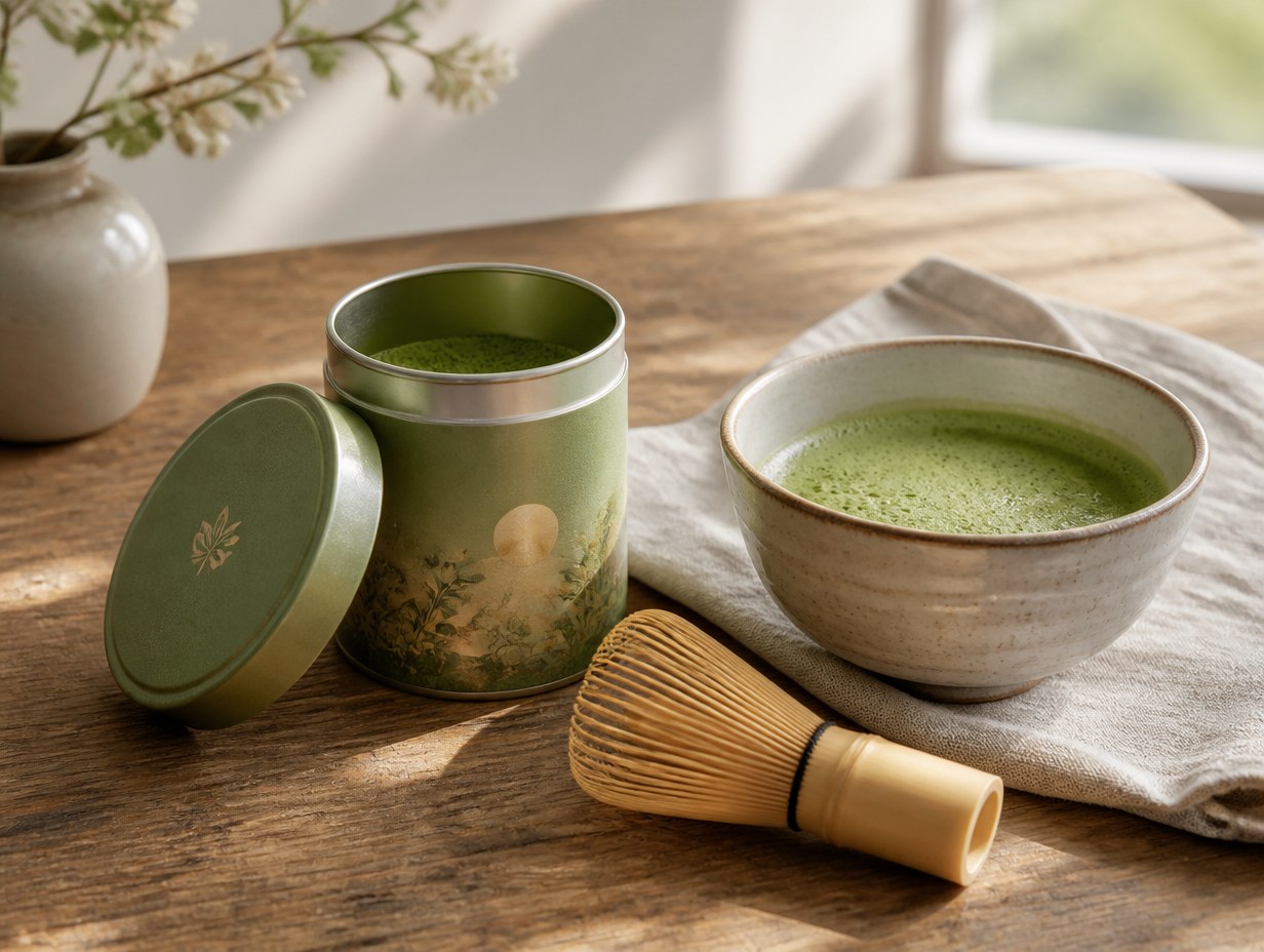 AI-generated matcha tin mockup sample