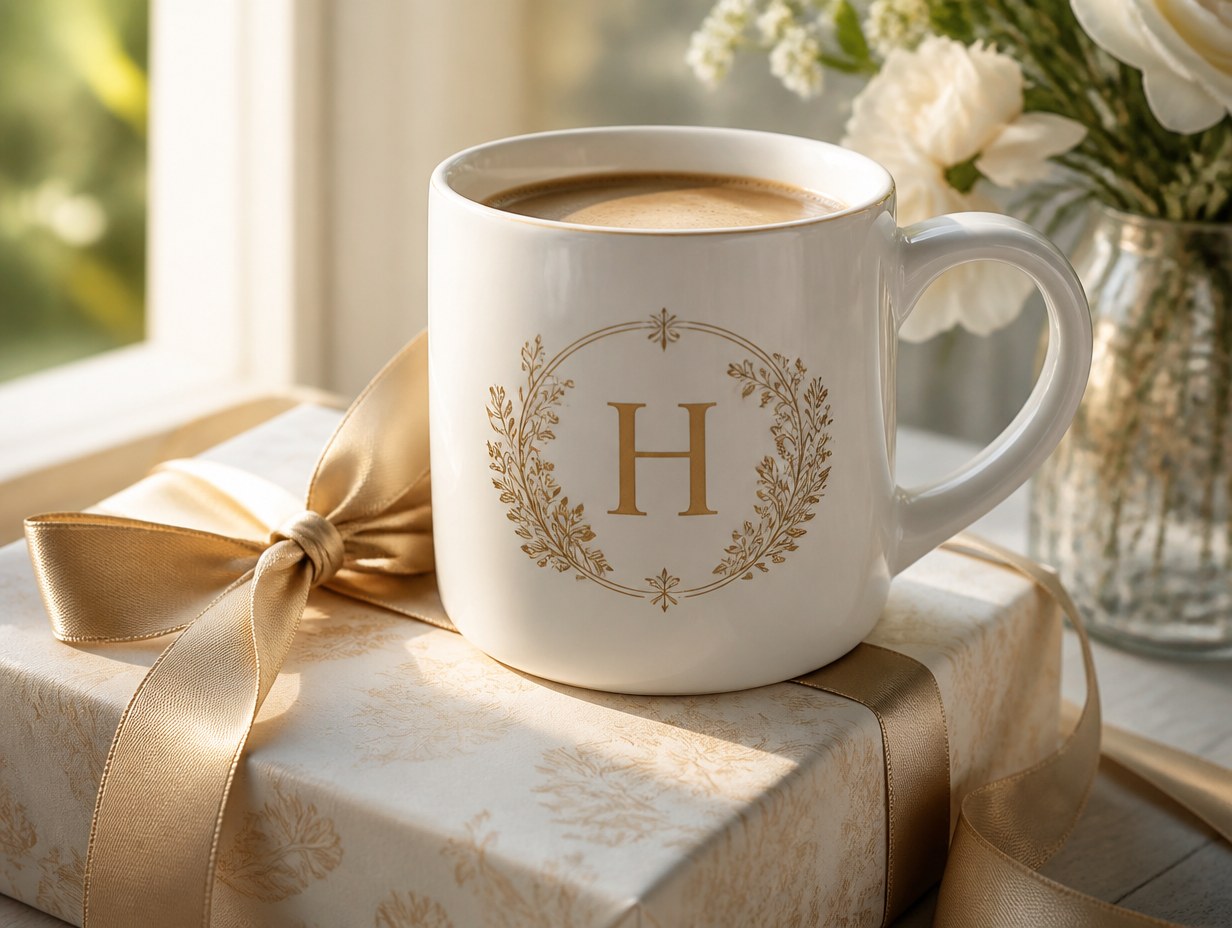 AI-generated monogrammed mug mockup sample