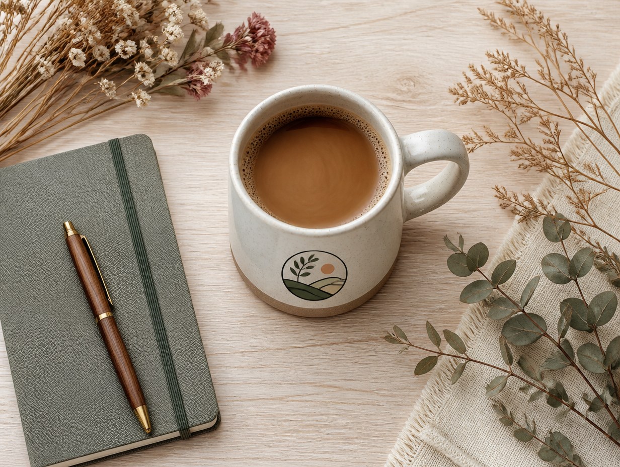 AI-generated mug flat lay mockup sample