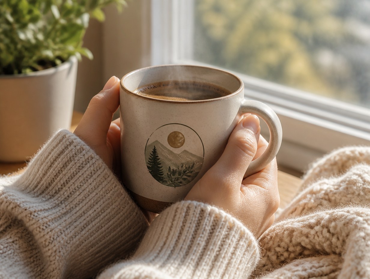 AI-generated mug in hand mockup sample