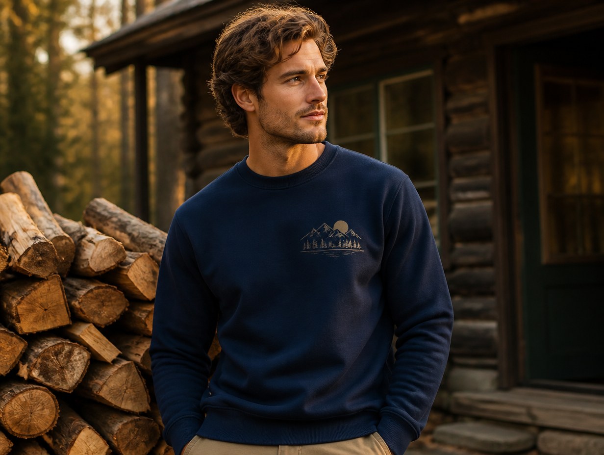 AI-generated navy sweatshirt mockup sample