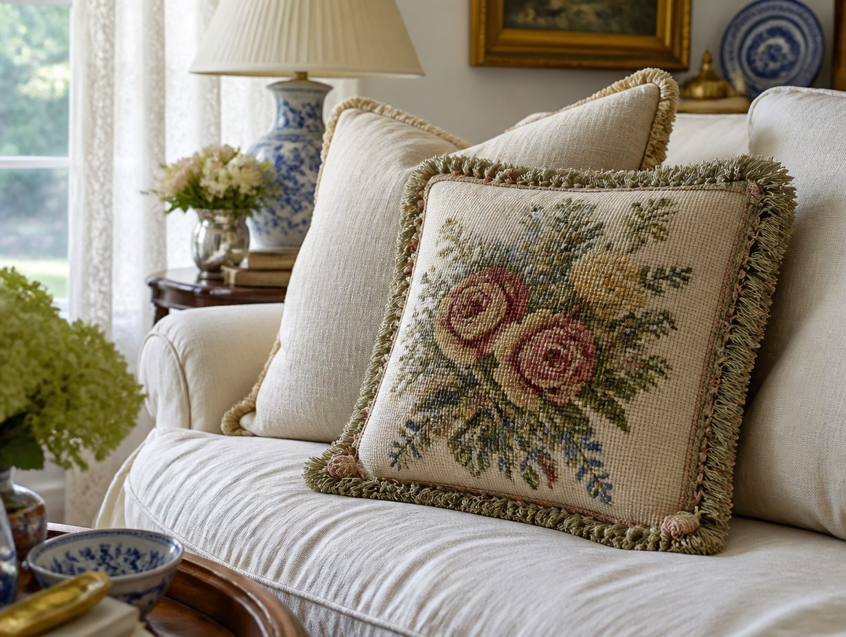 AI-generated needlepoint pillow mockup sample