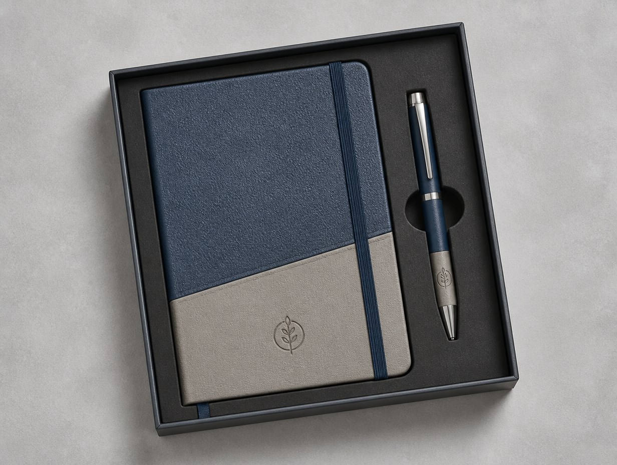 AI-generated notepad and pen set mockup sample