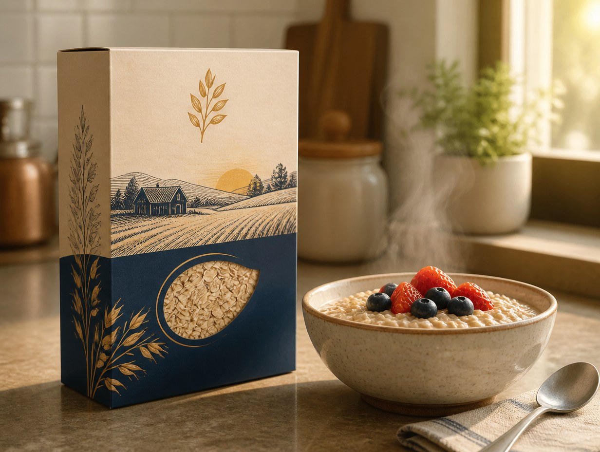 AI-generated oatmeal box mockup sample