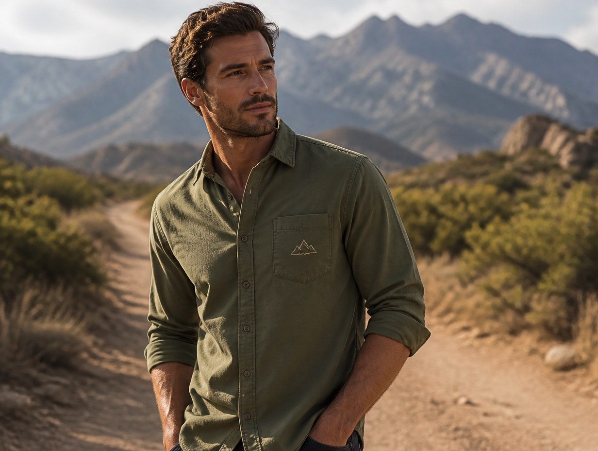 AI-generated olive button-up shirt mockup sample