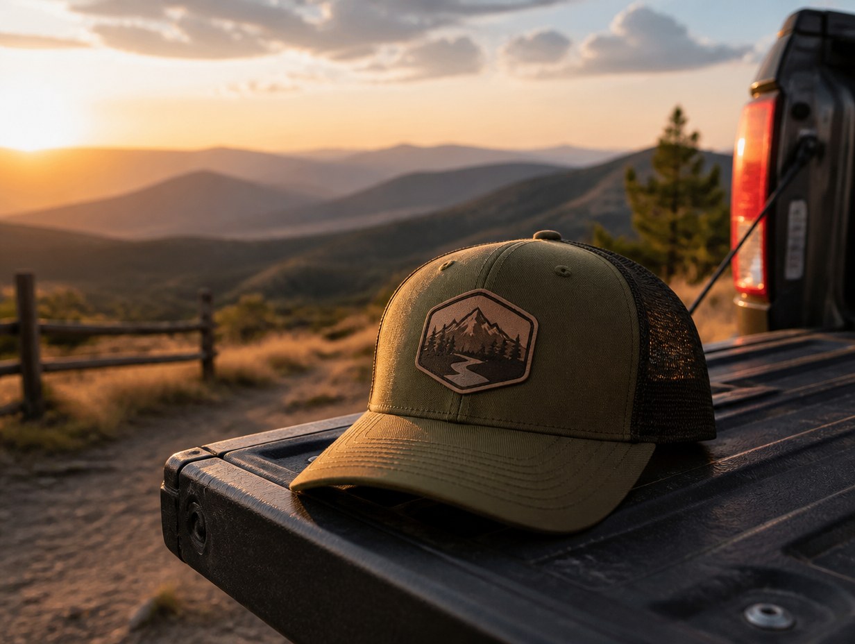 AI-generated patch trucker hat mockup sample