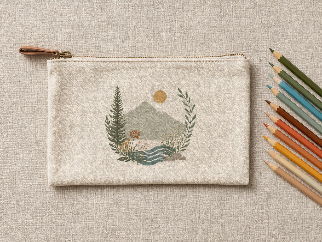 AI-generated pencil case flat lay mockup sample