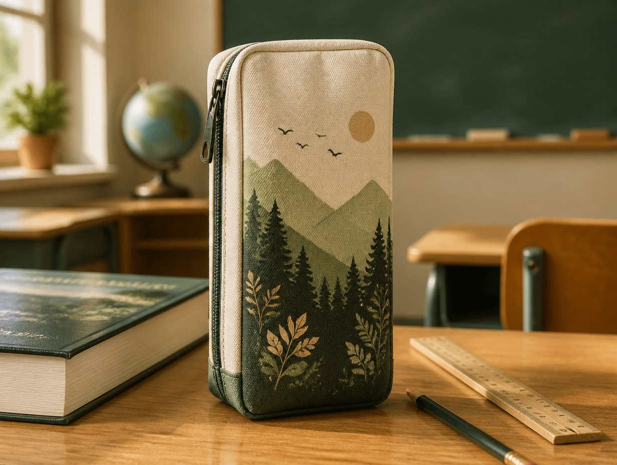 AI-generated pencil case on desk mockup sample