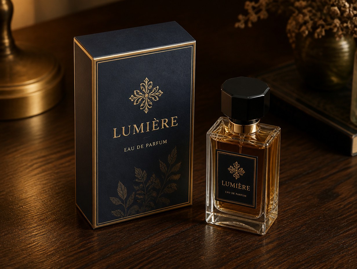 AI-generated perfume box mockup sample