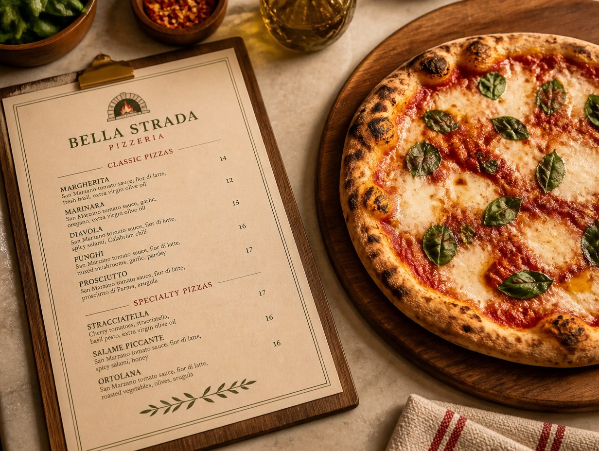 AI-generated pizza menu mockup sample