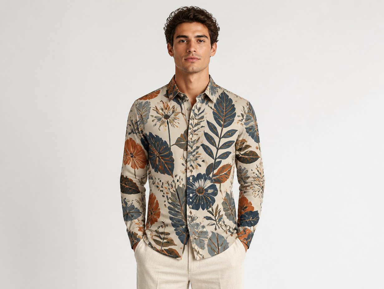 AI-generated printed button-up shirt mockup sample