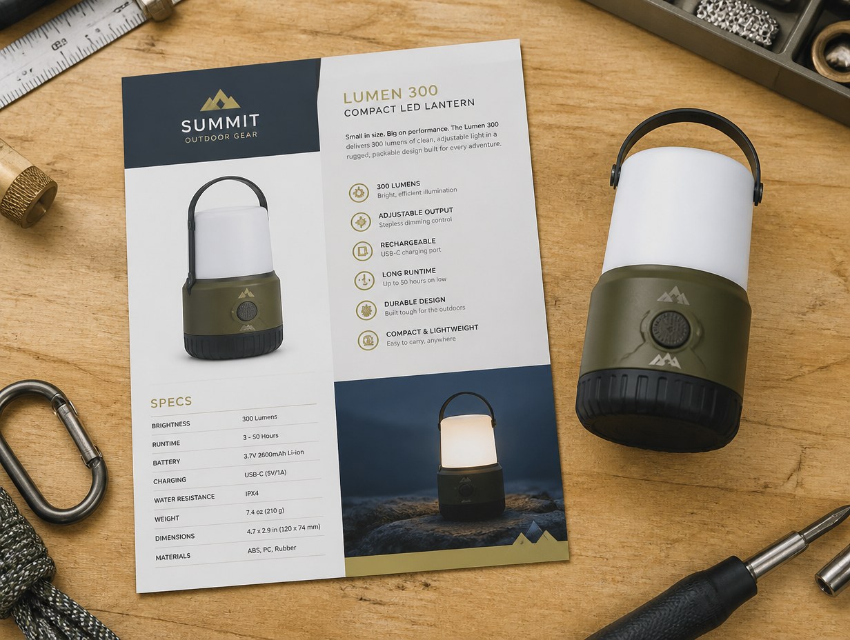 AI-generated product spec sheet mockup sample