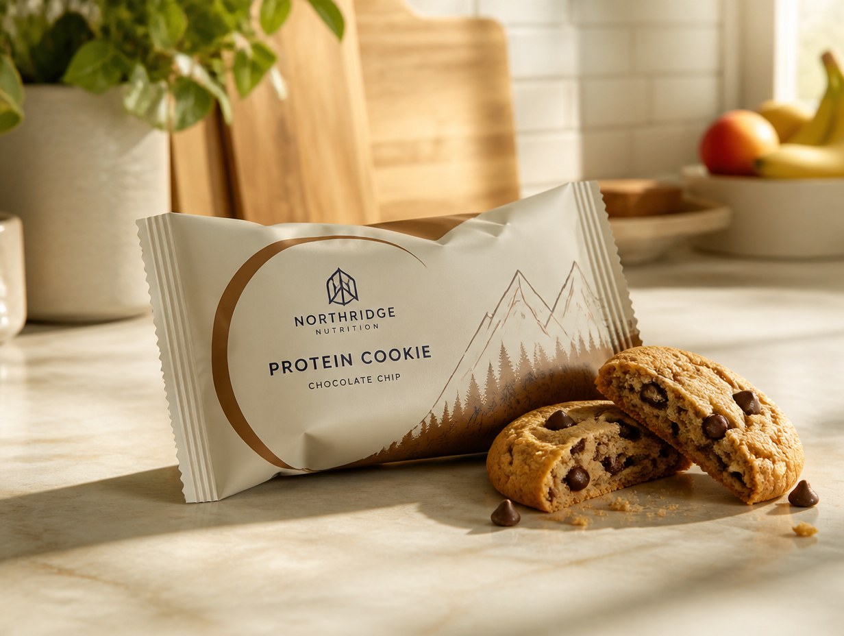 AI-generated protein cookie wrapper mockup sample