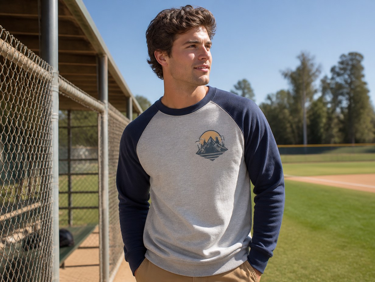 AI-generated raglan sweatshirt mockup sample