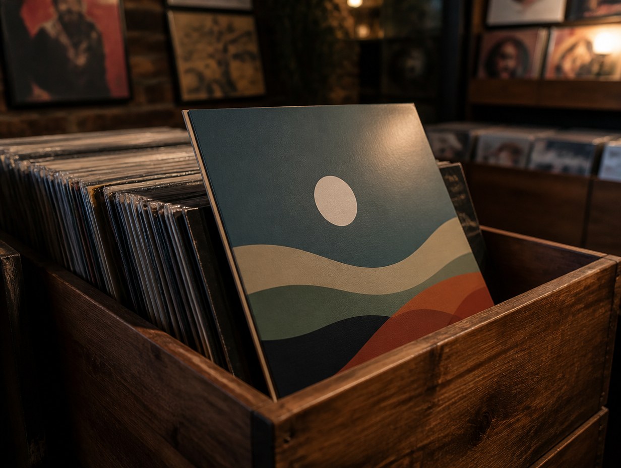AI-generated record crate mockup sample