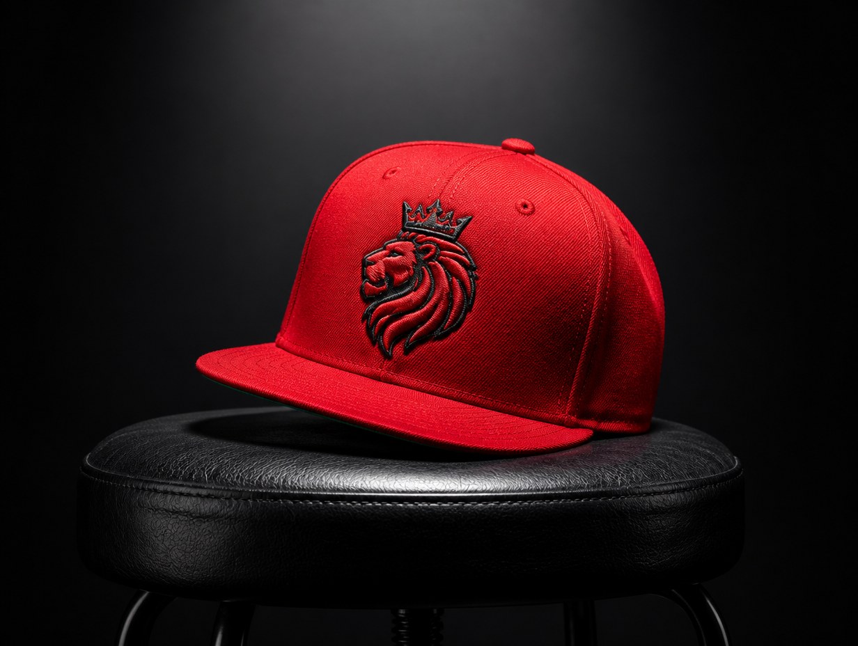 AI-generated red snapback mockup sample