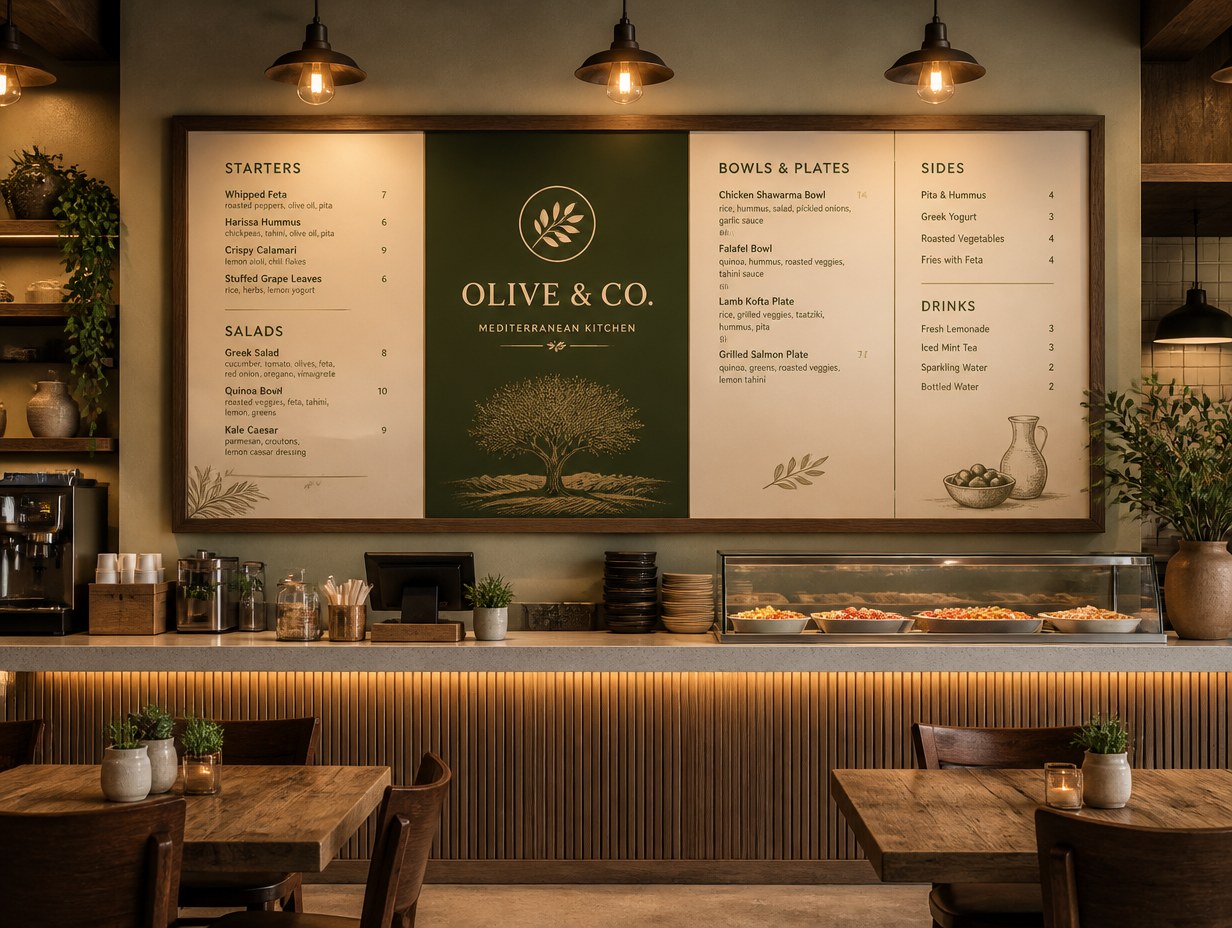 AI-generated restaurant menu board mockup sample