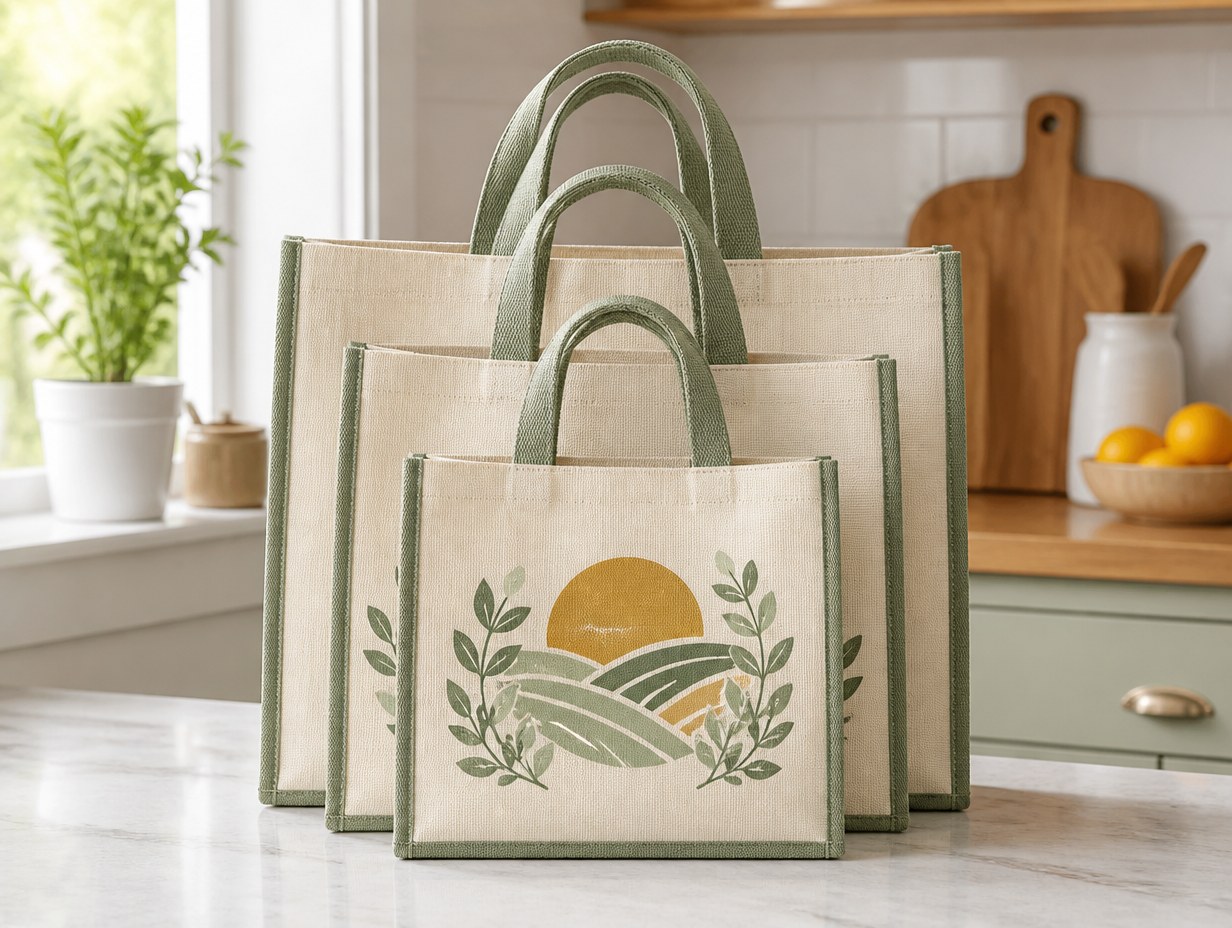 AI-generated reusable grocery bag set mockup sample
