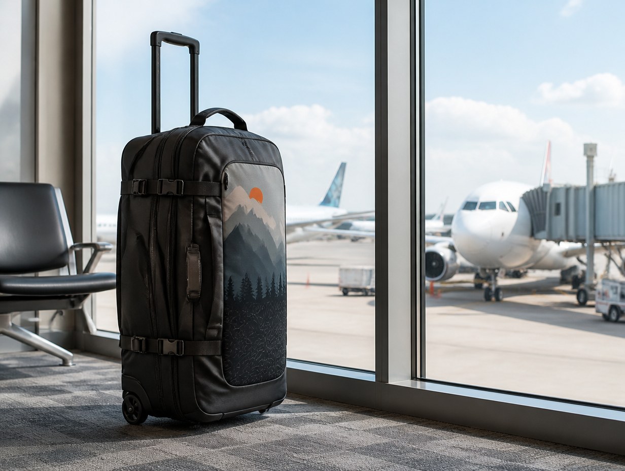 AI-generated rolling duffel bag mockup sample