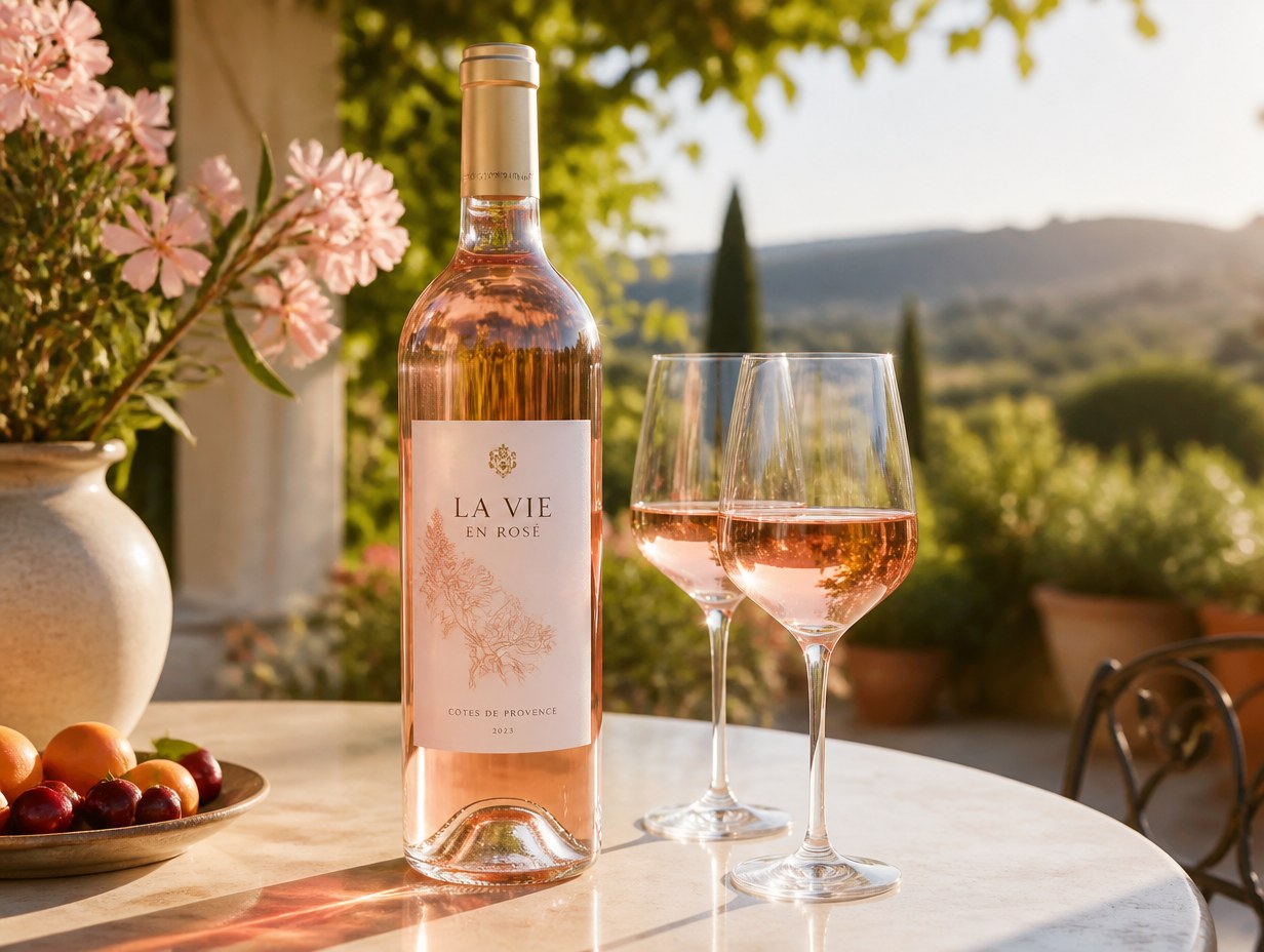 AI-generated rose wine bottle mockup sample