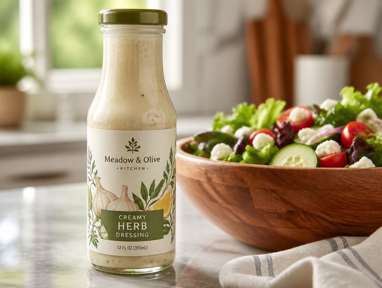 AI-generated salad dressing label mockup sample