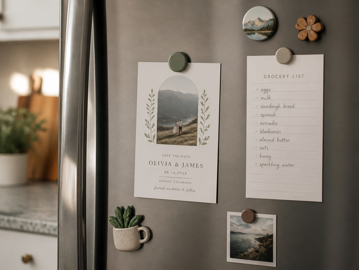 AI-generated save the date magnet mockup sample